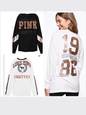 3 NWT VICTORIA’S SECRET PINK BLING ROSE GLOD CAMPUS LONG SLEEVE TEE BUNDLE / S